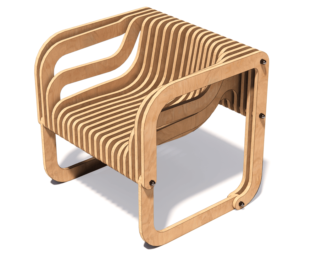 A modern parametric chair built from 18mm plywood using CNC router plans, showcasing its organic 3D design and exposed wood grain.