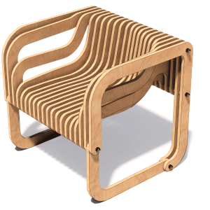 A modern parametric chair built from 18mm plywood using CNC router plans, showcasing its organic 3D design and exposed wood grain.