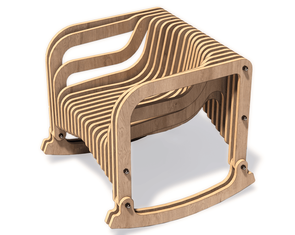 Modern parametric rocking chair made from 18mm plywood using CNC router files, displayed in a contemporary living room setting.