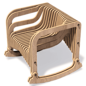 Modern parametric rocking chair made from 18mm plywood using CNC router files, displayed in a contemporary living room setting.