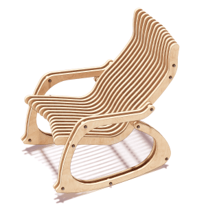 Modern parametric plywood rocking chair crafted with CNC router plans, featuring an organic curved design in a bright living space.