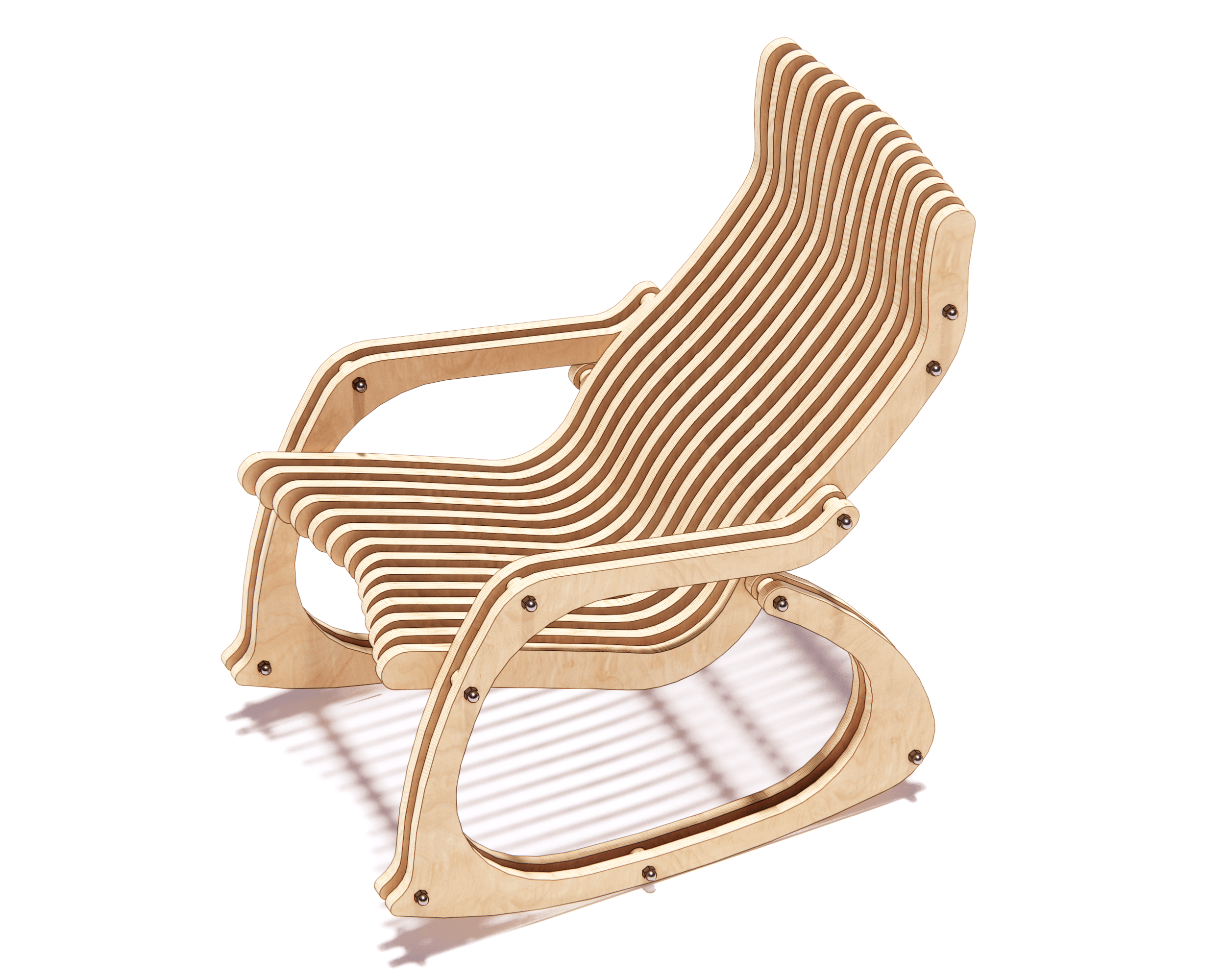 Modern parametric plywood rocking chair crafted with CNC router plans, featuring an organic curved design in a bright living space.