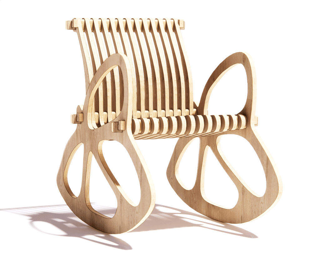 Modern parametric butterfly rocking chair made from CNC-cut plywood ribs in a minimalist interior.