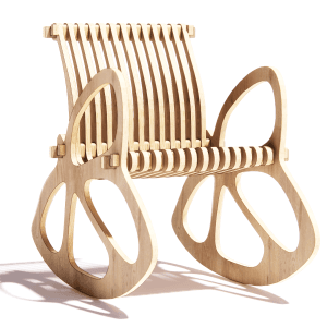 Modern parametric butterfly rocking chair made from CNC-cut plywood ribs in a minimalist interior.