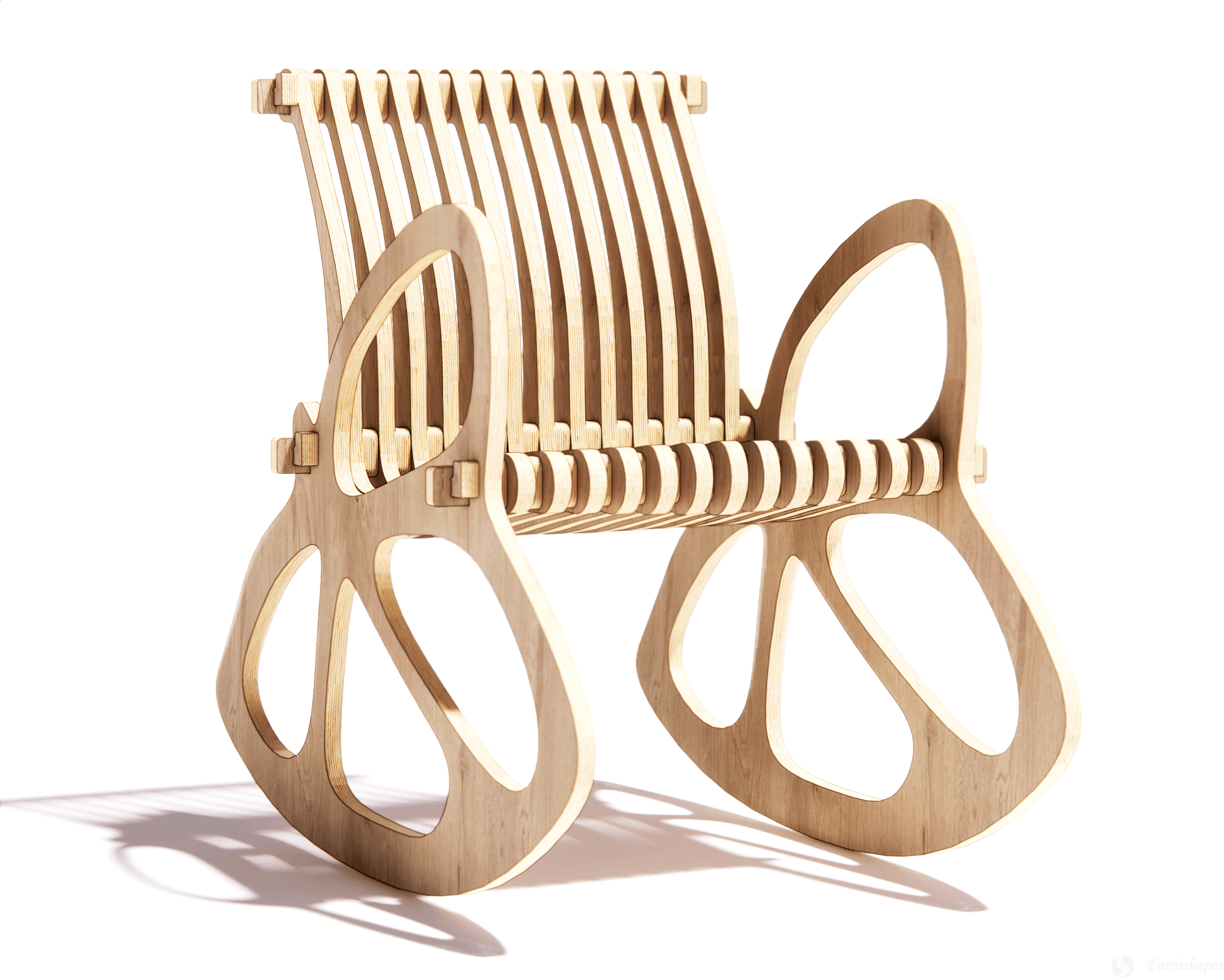 Modern parametric butterfly rocking chair made from CNC-cut plywood ribs in a minimalist interior.