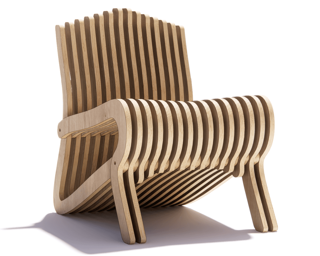 Parametric plywood chair built from CNC router plans, featuring a layered 3D modern design in an architectural living space