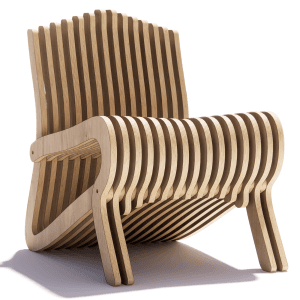 Parametric plywood chair built from CNC router plans, featuring a layered 3D modern design in an architectural living space