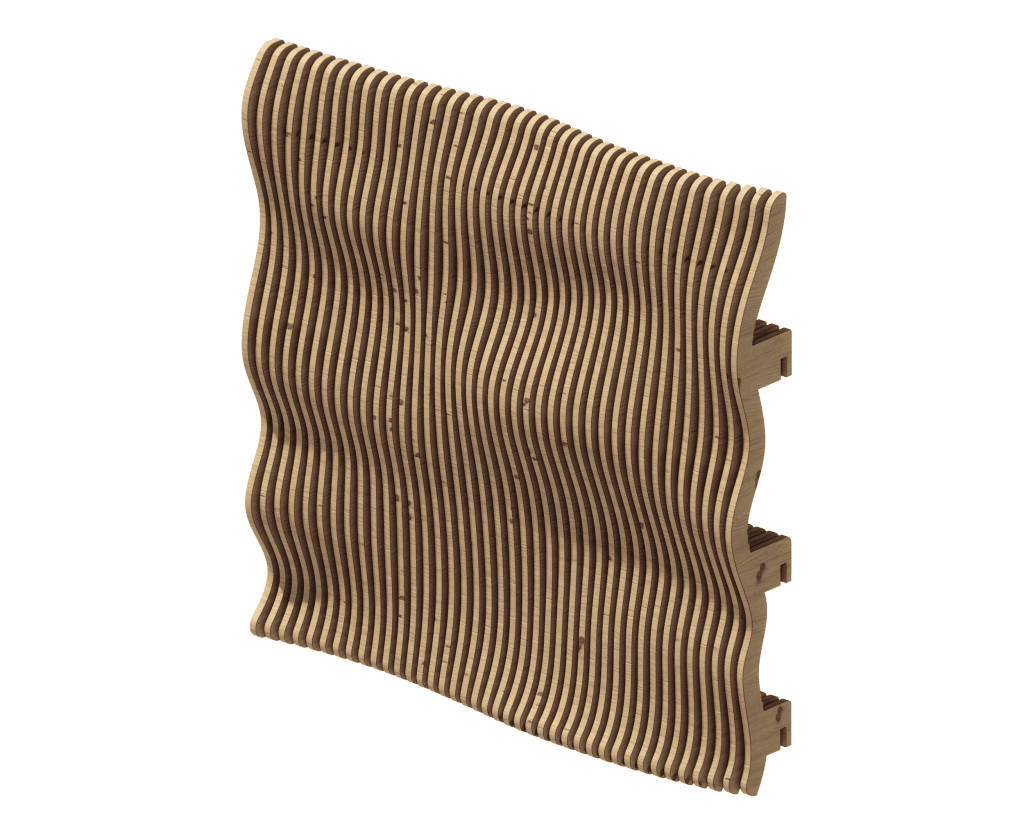 3D parametric wave wall art made from plywood ribs installed on a modern office wall.