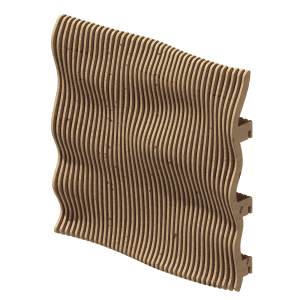 3D parametric wave wall art made from plywood ribs installed on a modern office wall.