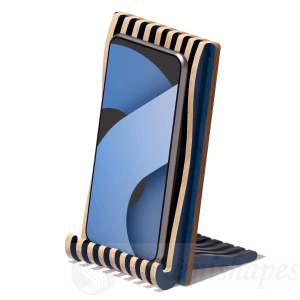 Parametric plywood phone stand with blue spine holding a smartphone, side view on white background. CNC wood project