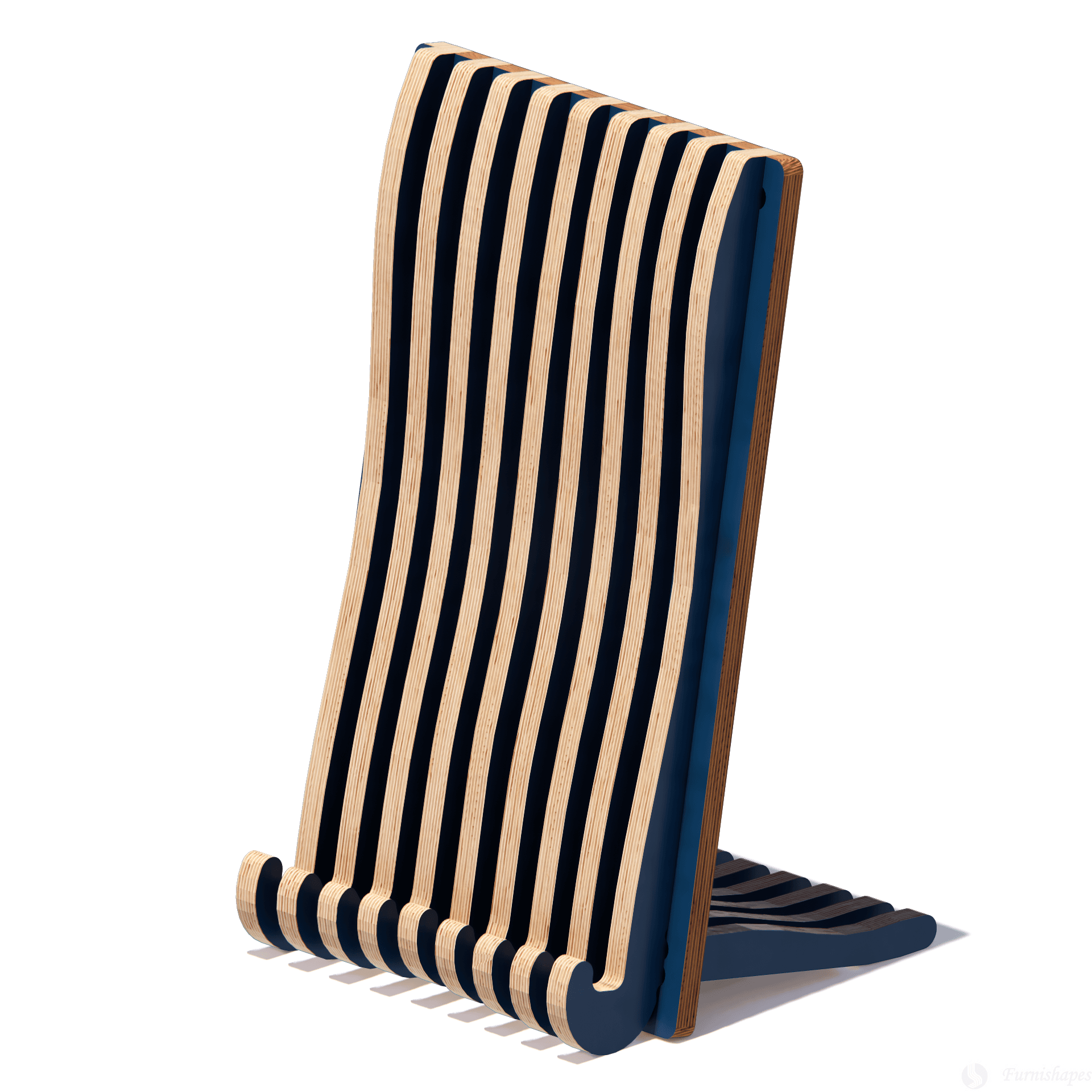 Empty parametric phone stand showing curved wooden ribs and architectural design, rear 3/4 view. DIY desk organizer digital file.