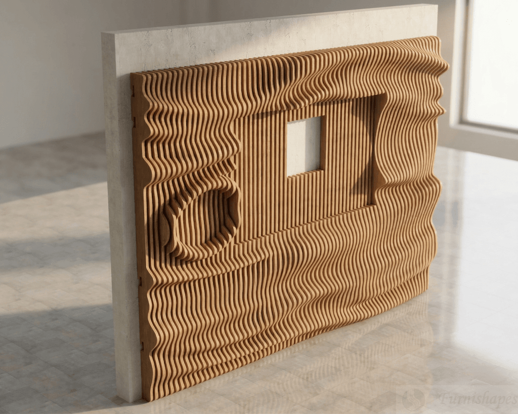 Ribbed parametric wall design cut from wood using CNC router digital files