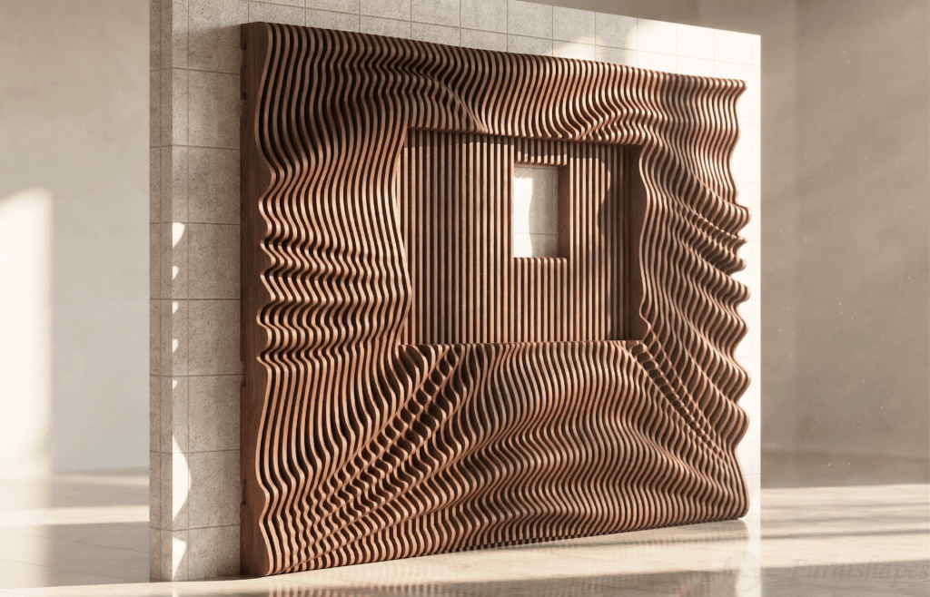 Architectural parametric wall design with ribbed sliced wood texture for CNC fabrication