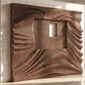 Architectural parametric wall design with ribbed sliced wood texture for CNC fabrication
