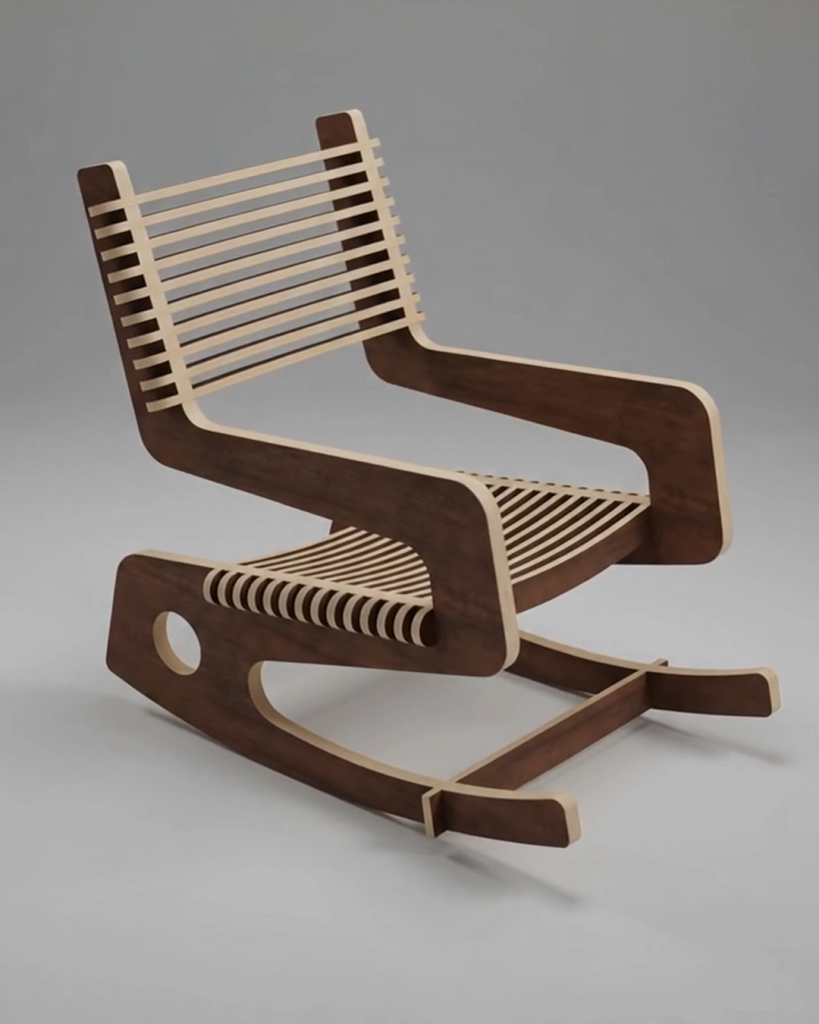 Side profile of the Goat Chair, a modern parametric plywood rocking chair featuring a dark stained finish, exposed light wood edges, slatted ergonomic seat, and striking Z-shaped armrests, built using a CNC router.