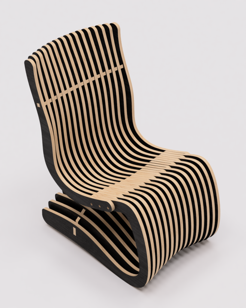 A dark and natural wood seat built using our Swan Parametric Chair CNC Plans, showcasing the elegant, swan-like profile of the CHAIR 052-004.jpg design.