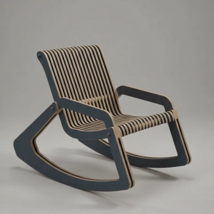 A modern, dark grey and natural wood seat constructed using Parametric Plywood Rocking Chair CNC Plans, specifically showcasing the sleek profile of the Chair 051-002.jpg design.