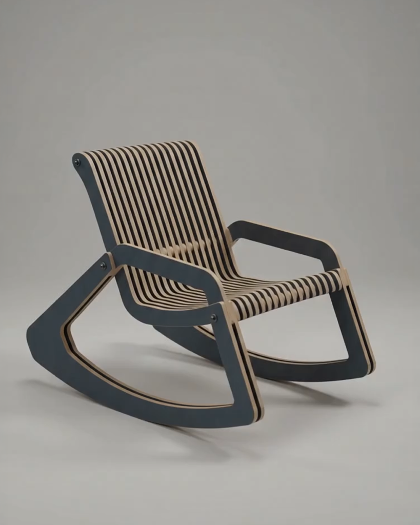 A modern, dark grey and natural wood seat constructed using Parametric Plywood Rocking Chair CNC Plans, specifically showcasing the sleek profile of the Chair 051-002.jpg design.
