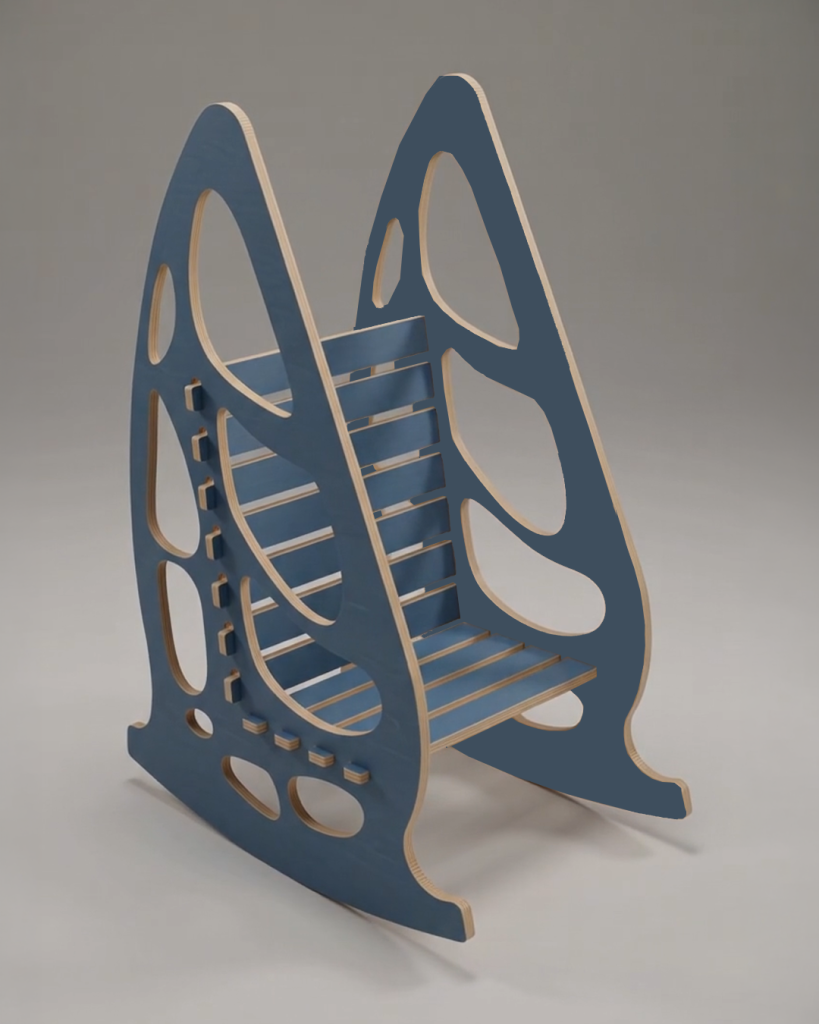 A whimsical blue and natural wood seat built using Butterfly Kids Rocking Chair CNC Plans, showcasing the charming profile of the chair 009 002.jpg design perfect for children.